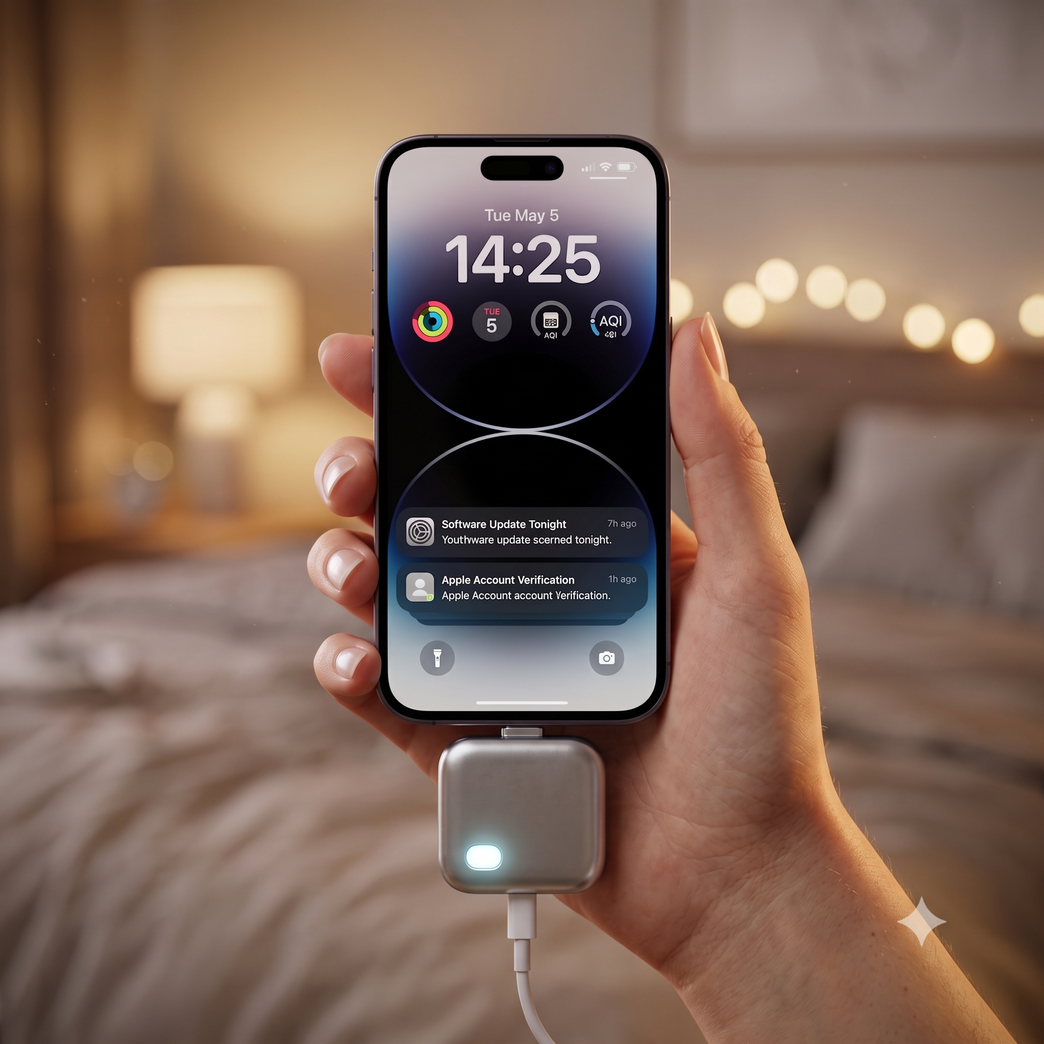 Mano sosteniendo un celular con Smart Charge conectado en un dormitorio con luz cálida